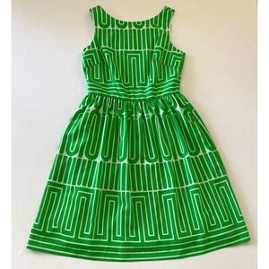 Trina Turk Garden Maze Fit & Flare Dress‎ 2 0 XS Border Greek Key Print Green
